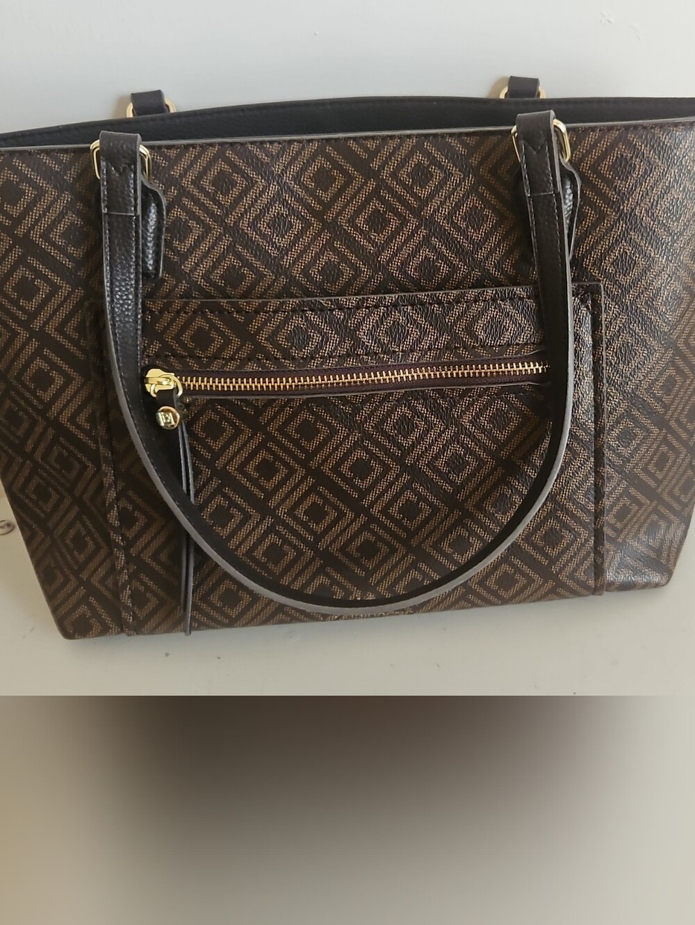 Liz Claiborne Classic Brown Patterned Tote Bag with Gold Hardware